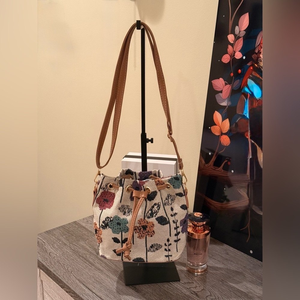 Floral Pattern Fabric Drawstring Small Beige Bohe… - image 3